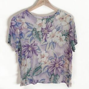 Jaclyn Smith Cream and Purple Floral Short Sleeve Blouse